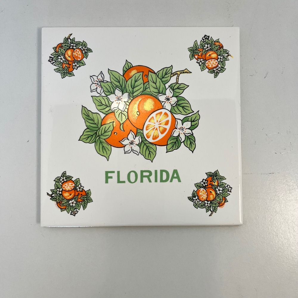 Vintage Florida Orange Blossom Souvenir Ceramic Tile Trivet Wall Decor 6x6